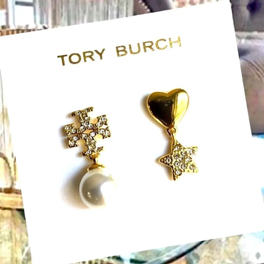 TORY BURCH MISMATCHED PEARL, HEART START DOUBLE T LOGO EARRINGS 14K GOLD/BRASS